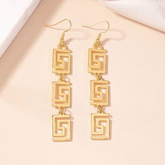 Greek Key Alloy Gold Plated Dangle Drop Earrings - Picture 8 of 9